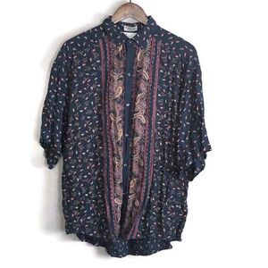VTG GOOUCH Mens Black Paisely Button Up Short Sleeve Shirt Size L Rayon Retro 90